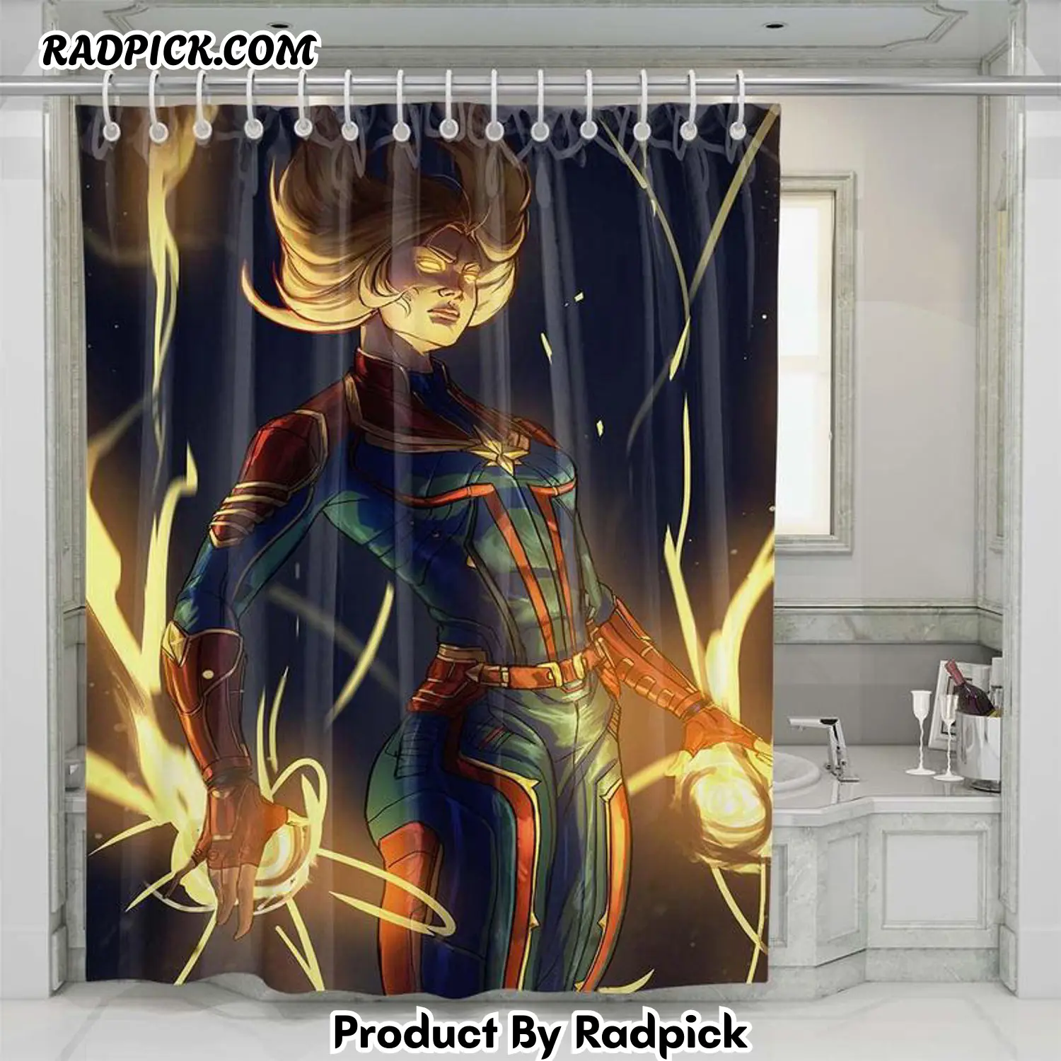 Glowing captain marvel shower curtain set bathroom set for bathroom decor best gift for friends rp387861